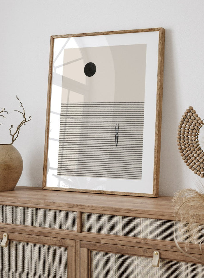 Minimalist abstract wall art print by The MIUUS Studio. Contemporary poster with line texture, celestial motif, and calm neutral tones.