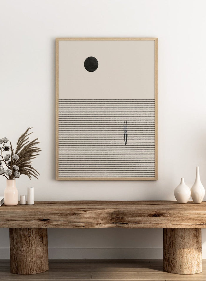 Minimalist abstract wall art print by The MIUUS Studio. Contemporary poster with line texture, celestial motif, and calm neutral tones.