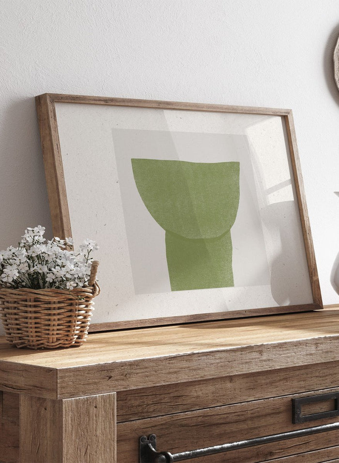 Verdant Tranquility art print by The MIUUS Studio. Minimalist abstract wall art poster in soft green tones, contemporary graphic design, fine art print.