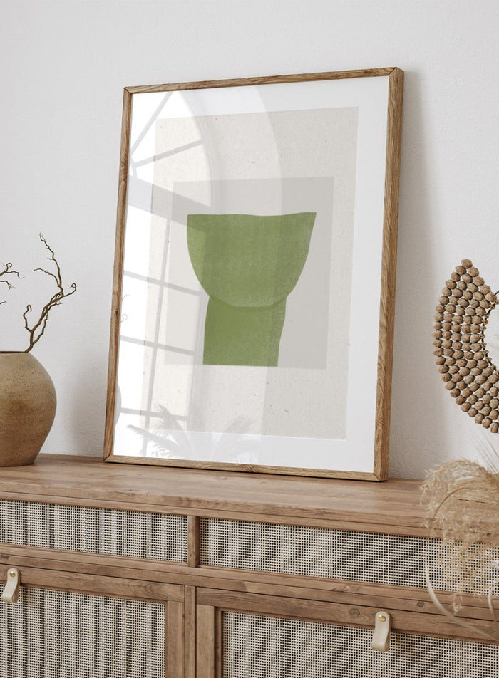 Verdant Tranquility art print by The MIUUS Studio. Minimalist abstract wall art poster in soft green tones, contemporary graphic design, fine art print.