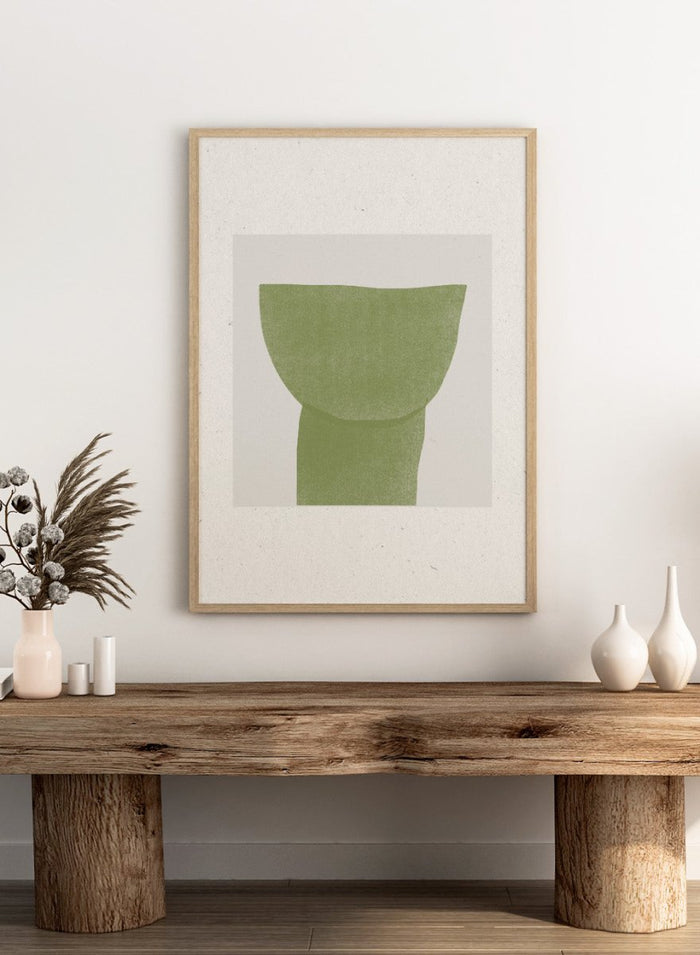 Verdant Tranquility art print by The MIUUS Studio. Minimalist abstract wall art poster in soft green tones, contemporary graphic design, fine art print.