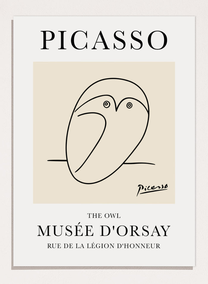 Featuring Pablo Picasso's Artwork The Owl (Esquisse D'une Chouette), this signed serigraph wall art print showcases outline of an owl sketch line drawing against colorful background. Featuring abstract one line art, this vintage exhibition poster from Musée d'Orsay is perfect for any boho, retro, minimalist space.