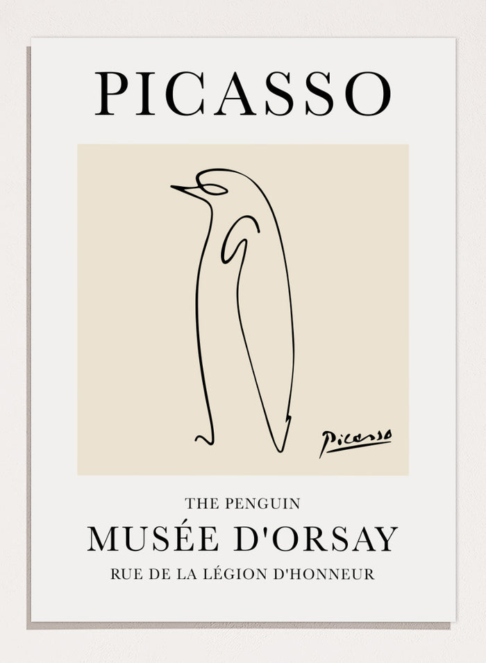 Featuring Pablo Picasso's Artwork The Penguin (Esquisse D'un Pingouin), this signed serigraph wall art print showcases outline of a penguin sketch line drawing against colorful background. Featuring abstract one line art, this vintage exhibition poster from Musée d'Orsay is perfect for any boho, retro, minimalist space.