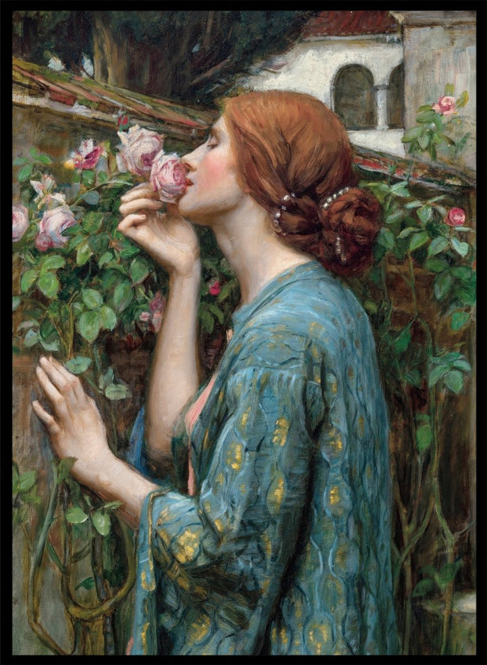 The Soul of the Rose by John William Waterhouse is a vintage floral print of a woman smelling roses in a garden, wearing a blue and gold gown.