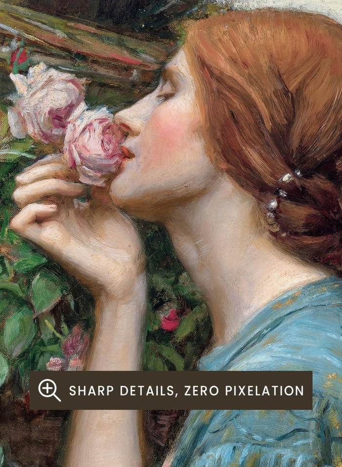 The Soul of the Rose by John William Waterhouse is a vintage floral print of a woman smelling roses in a garden, wearing a blue and gold gown.