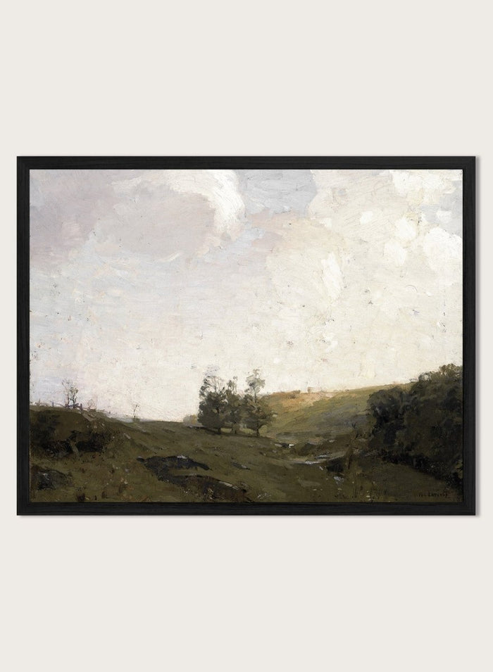 The Three Trees by William Langson Lathrop is a vintage tonalist landscape print of a green field and cloudy sky, a calming countryside wall art print.