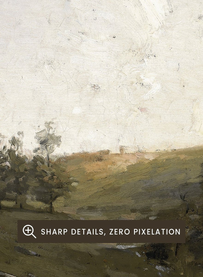 The Three Trees by William Langson Lathrop is a vintage tonalist landscape print of a green field and cloudy sky, a calming countryside wall art print.