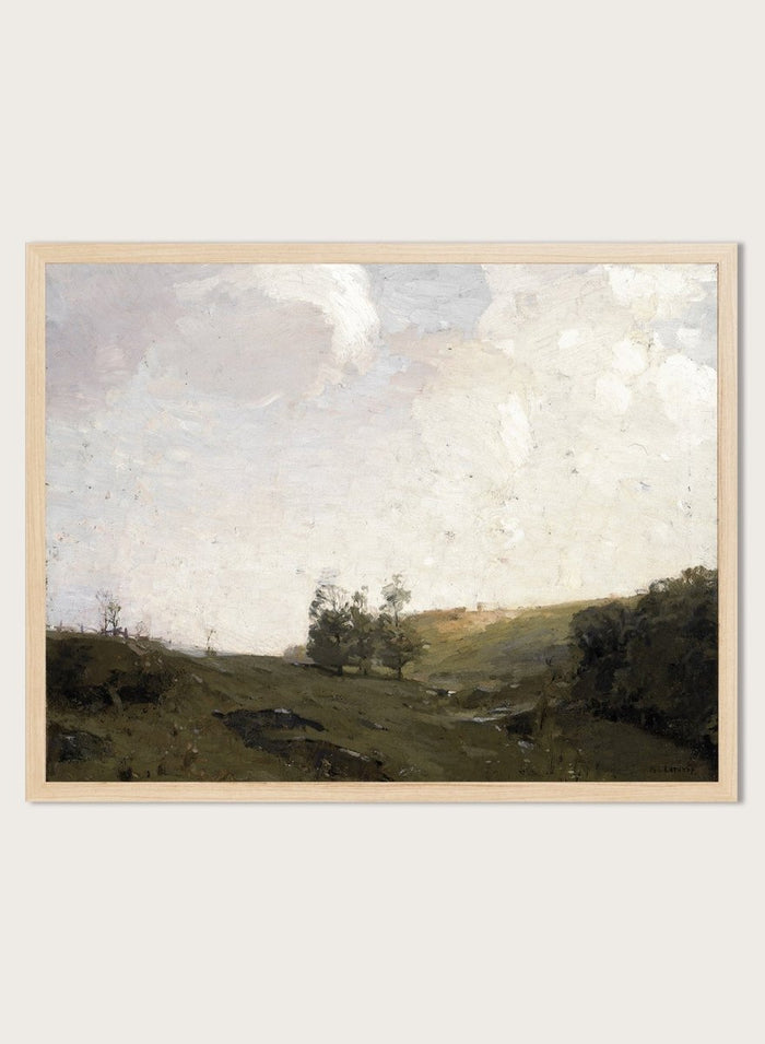 The Three Trees by William Langson Lathrop is a vintage tonalist landscape print of a green field and cloudy sky, a calming countryside wall art print.
