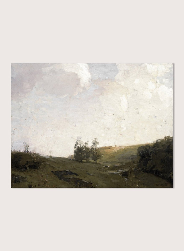 The Three Trees by William Langson Lathrop is a vintage tonalist landscape print of a green field and cloudy sky, a calming countryside wall art print.