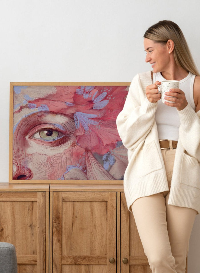 Artistic depiction of a face with flowers and an eye, using a color palette of reds, pinks, and browns. Floral Reverie No.01 by Treechild is a floral portrait illustration art print featuring expressive face detail, layered flowers, and contemporary wall art style.