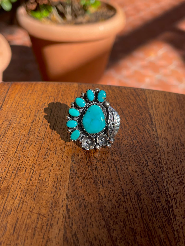 Turquoise Floral Ring Size 7.75 | 925 Sterling Silver C856