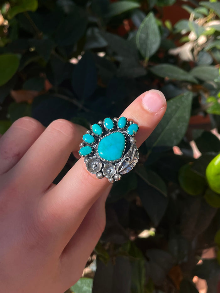 Turquoise Floral Ring Size 7.75 | 925 Sterling Silver C856