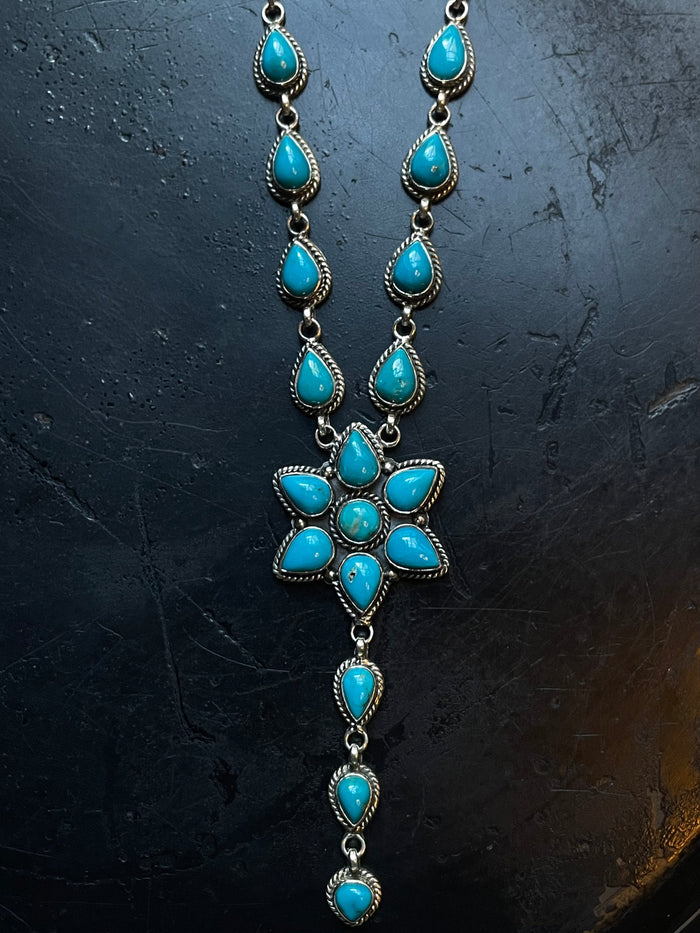 Turquoise Flower Lariat Necklace | Sterling Silver 925 C756