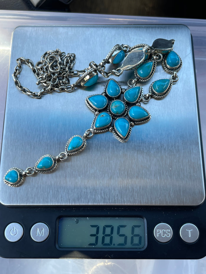 Turquoise Flower Lariat Necklace | Sterling Silver 925 C756