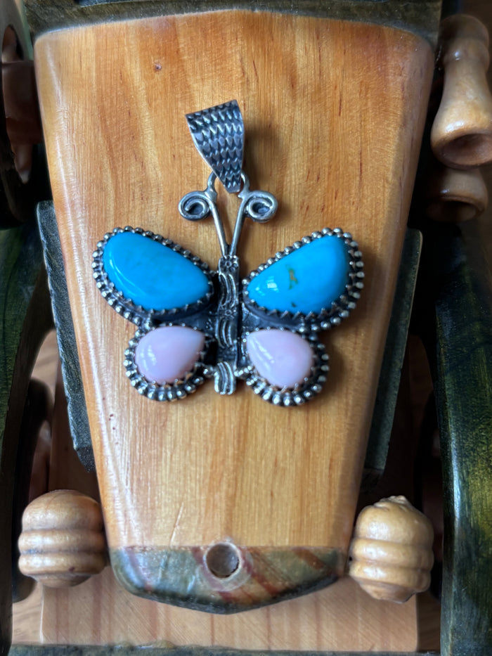 Turquoise Pink Conch Butterfly Pendant | 925 Sterling Silver A112