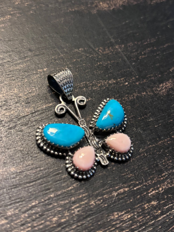 Turquoise Pink Conch Butterfly Pendant | 925 Sterling Silver A112