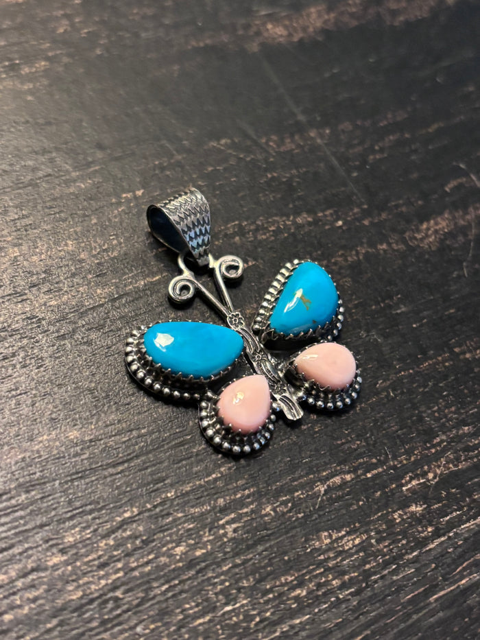 Turquoise Pink Conch Butterfly Pendant | 925 Sterling Silver A112