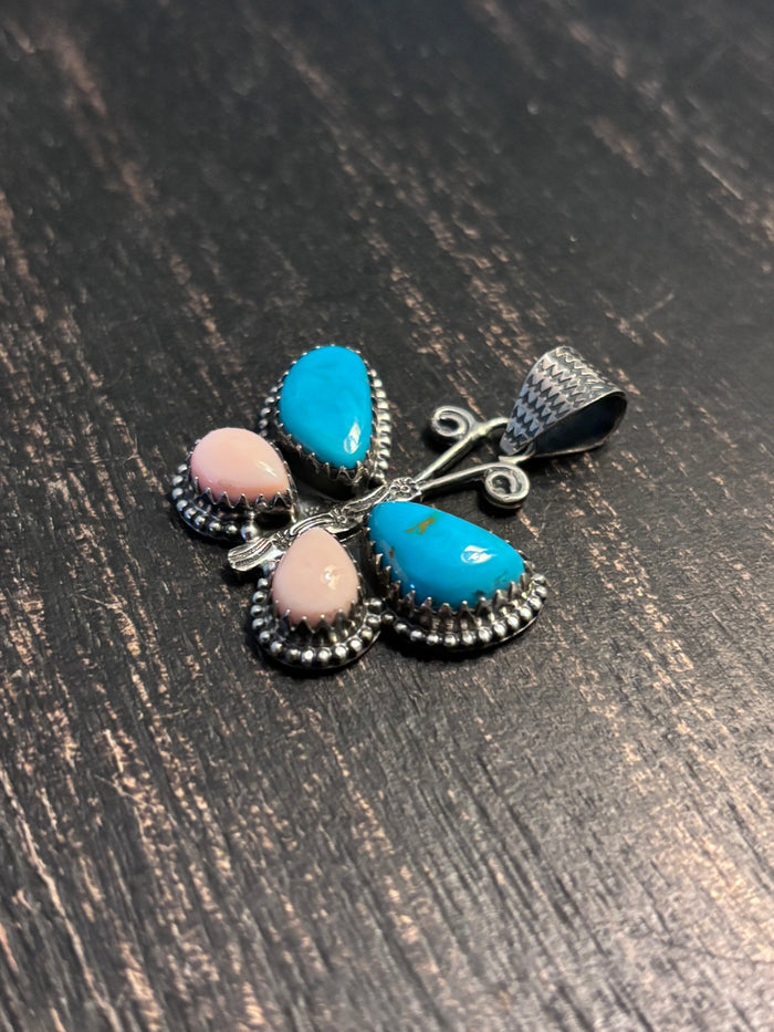 Turquoise Pink Conch Butterfly Pendant | 925 Sterling Silver A112