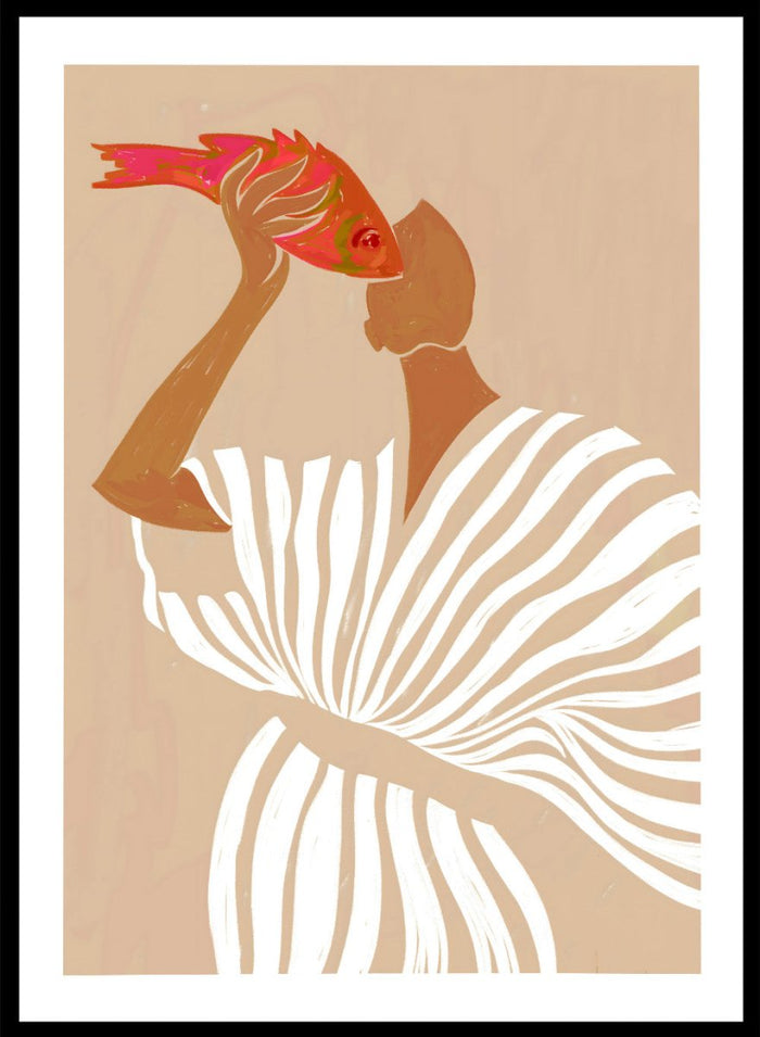 Fish Eye Paradox by Uma Gokhale is a figurative art print showing a woman holding a fish in an intimate portrait. Premium fine art print with real wood framing.