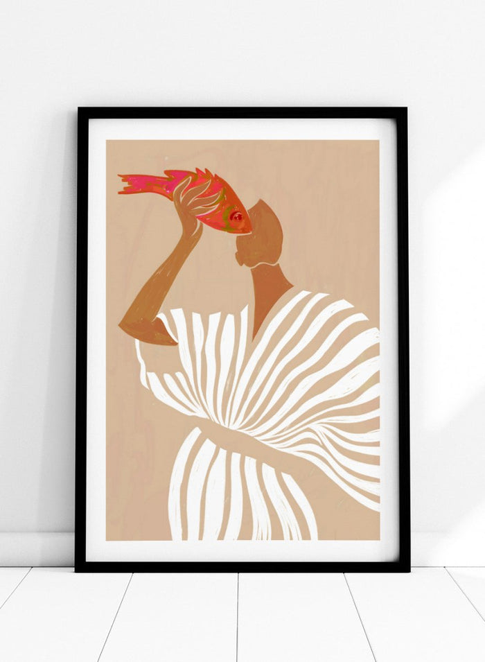 Fish Eye Paradox by Uma Gokhale is a figurative art print showing a woman holding a fish in an intimate portrait. Premium fine art print with real wood framing.