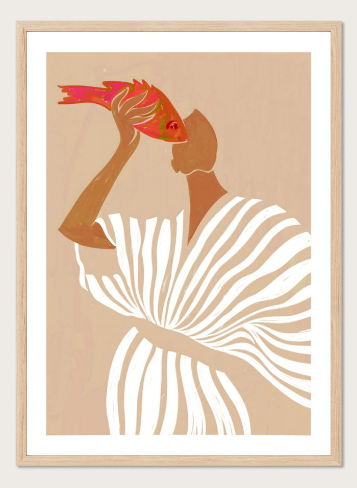 Fish Eye Paradox by Uma Gokhale is a figurative art print showing a woman holding a fish in an intimate portrait. Premium fine art print with real wood framing.