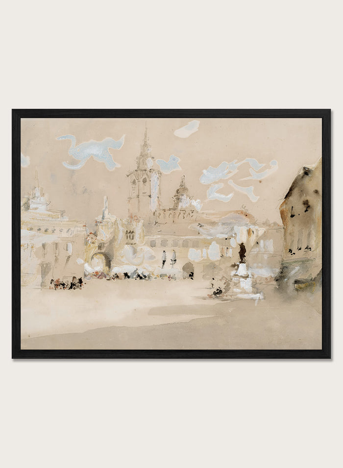 A framed watercolor art print depicting a scenic architectural landscape with a clock tower, stylized clouds, and small figures. Valencia, Spain by Hercules Brabazon Brabazon is a vintage watercolor art print featuring a sunlit Spanish plaza, pale architecture, towers, and soft blue sky.