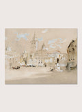 A framed watercolor art print depicting a scenic architectural landscape with a clock tower, stylized clouds, and small figures. Valencia, Spain by Hercules Brabazon Brabazon is a vintage watercolor art print featuring a sunlit Spanish plaza, pale architecture, towers, and soft blue sky.
