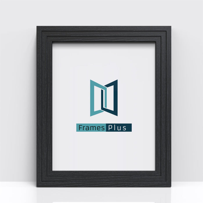 Verona Range black picture and poster frame showcasing the Frames Plus logo on a clean background.