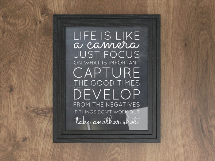 Black picture and poster frame featuring inspirational quote about life and photography.