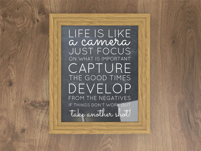 Life is like a camera quote framed in an oak picture and poster frame on a wood background.