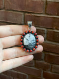 White Buffalo and Italian Coral Pendant | Sterling Silver 925 C765