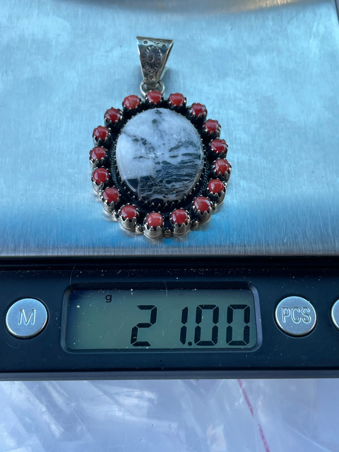 White Buffalo and Italian Coral Pendant | Sterling Silver 925 C765