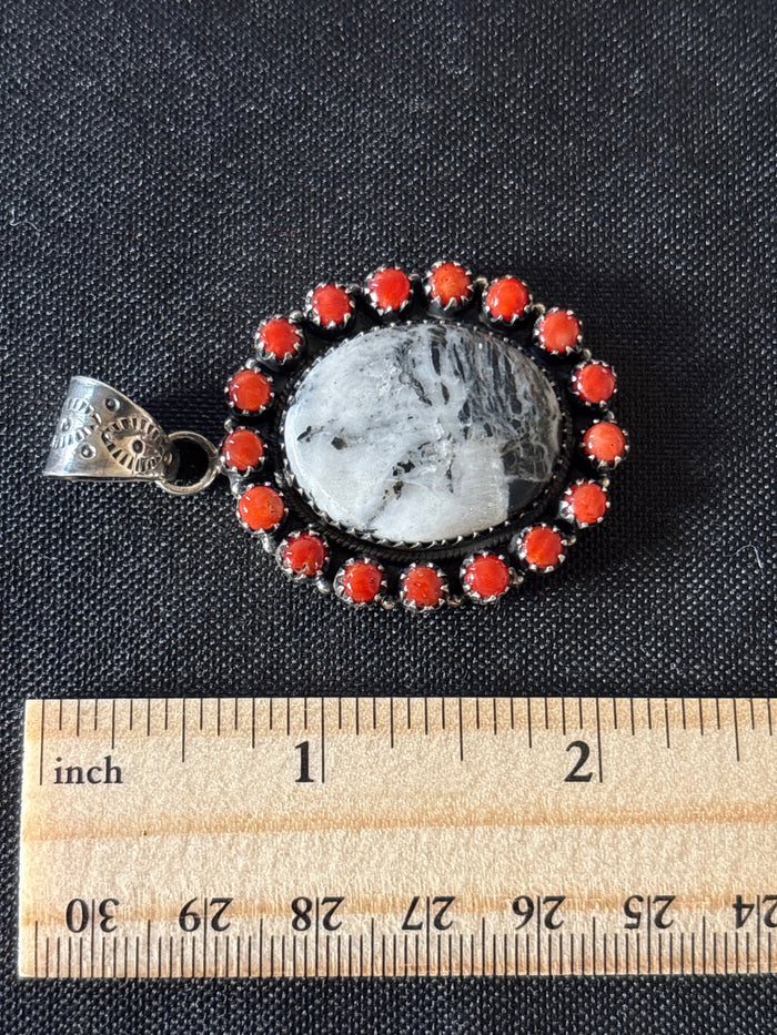 White Buffalo and Italian Coral Pendant | Sterling Silver 925 C765