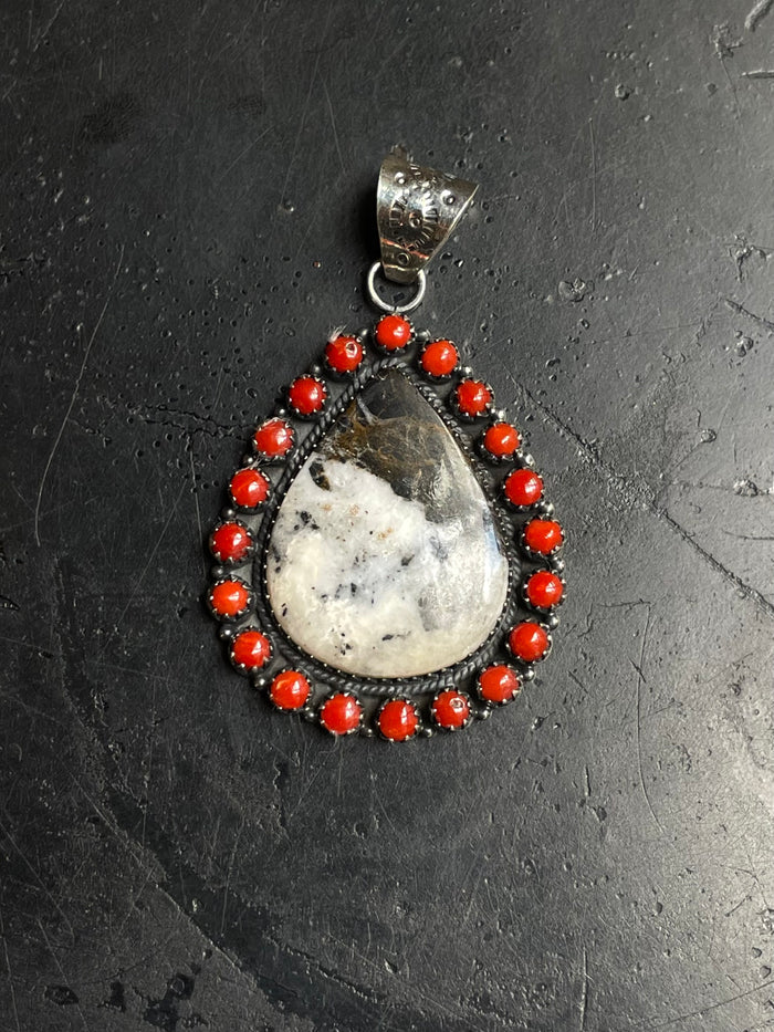White Buffalo & Red Coral Teardrop Pendant | 925 Sterling Silver E267