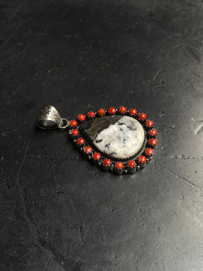 White Buffalo & Red Coral Teardrop Pendant | 925 Sterling Silver E267