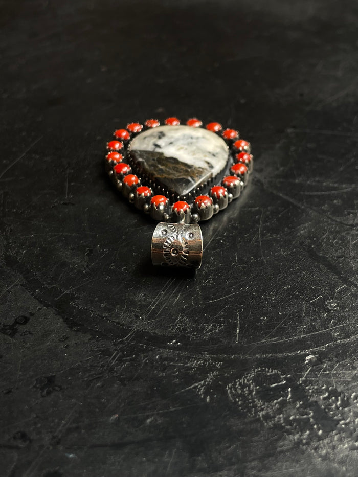 White Buffalo & Red Coral Teardrop Pendant | 925 Sterling Silver E267