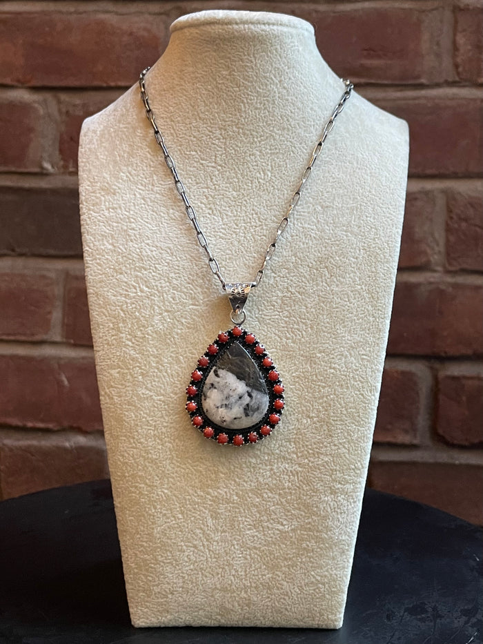 White Buffalo & Red Coral Teardrop Pendant | 925 Sterling Silver E267