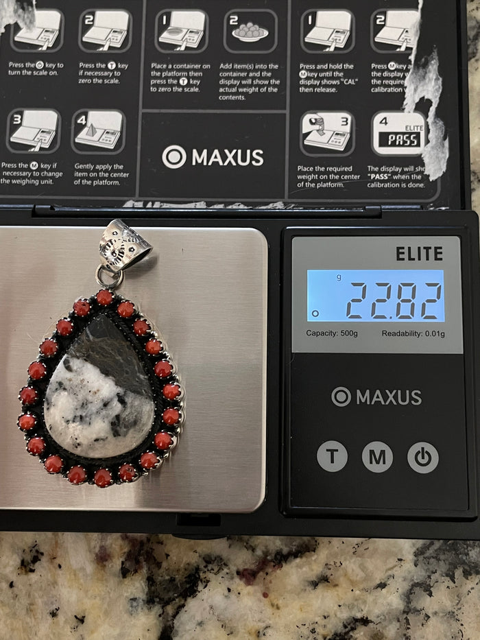 White Buffalo & Red Coral Teardrop Pendant | 925 Sterling Silver E267