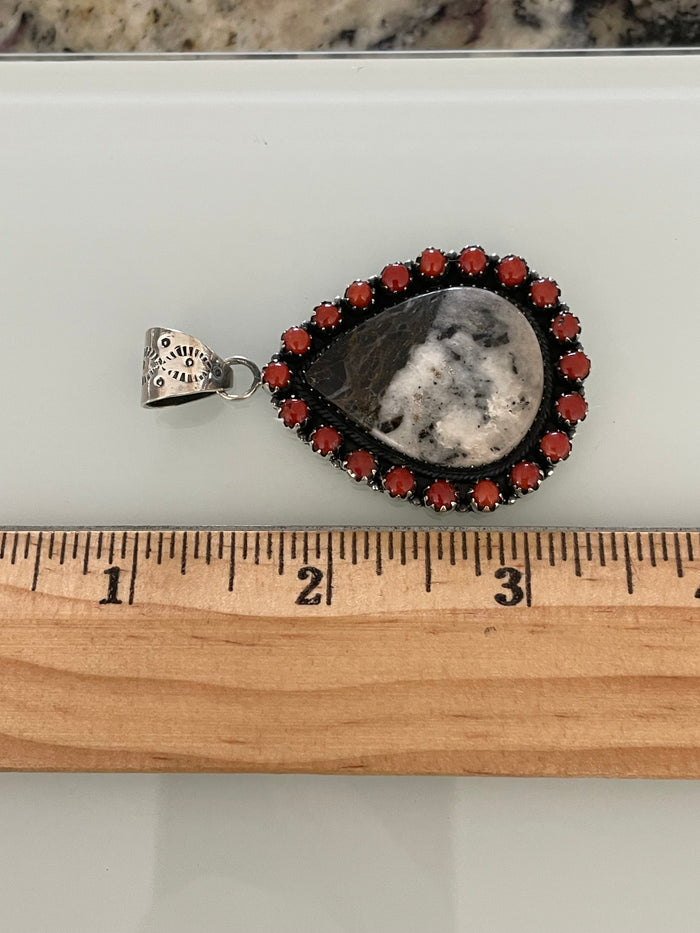 White Buffalo & Red Coral Teardrop Pendant | 925 Sterling Silver E267