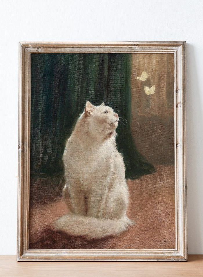 "White Cat with Two Butterflies" Art Print_Sugar & Canvas_Arthur Heyer