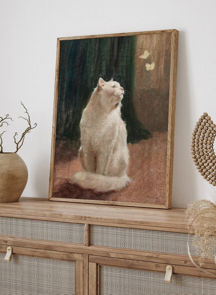 "White Cat with Two Butterflies" Art Print_Sugar & Canvas_Arthur Heyer
