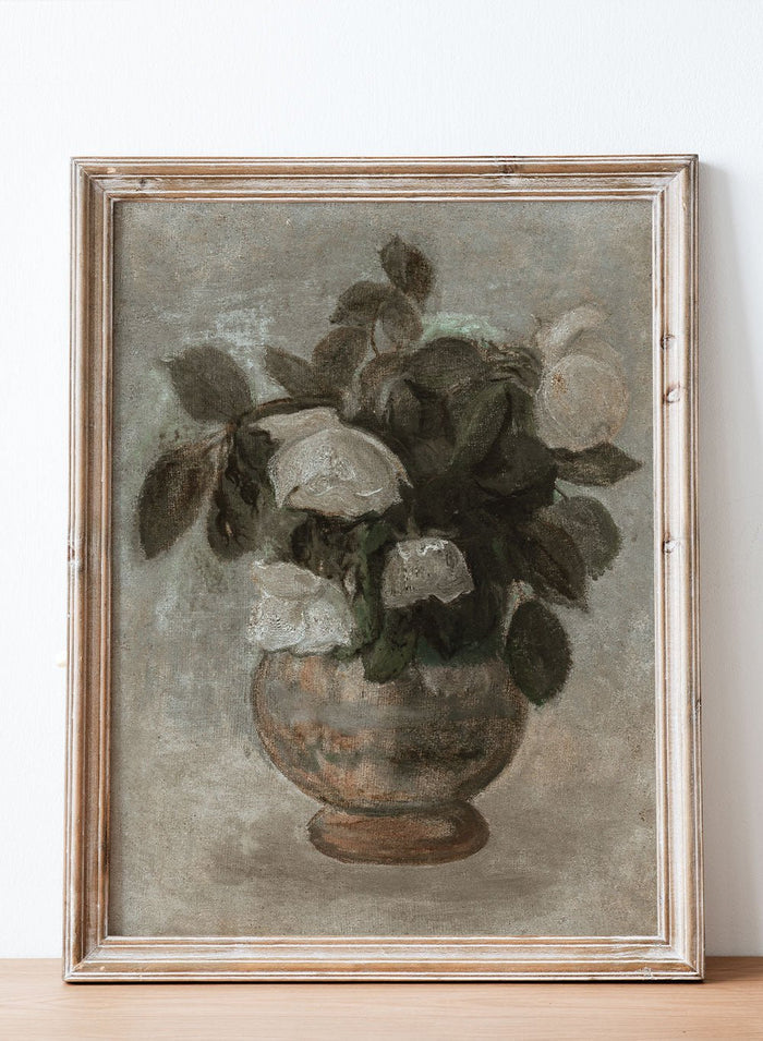 This Tadeusz Makowski fine art print, White Roses, features soft white blooms, muted green leaves, and a calm vintage still life floral painting poster.