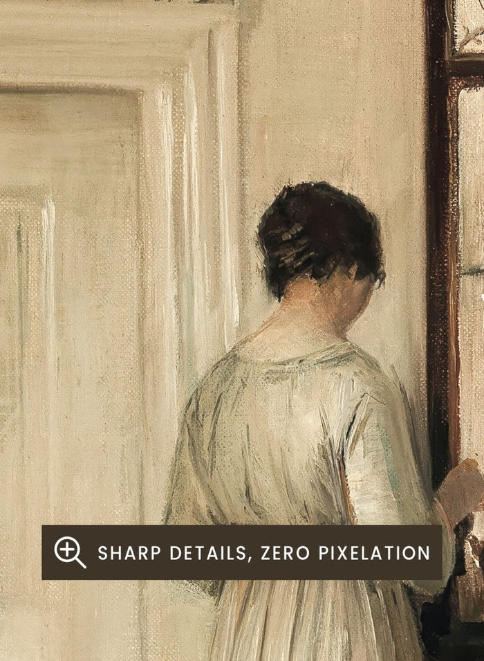 Woman in a white dress standing in a room with a door and shelves filled with items. Woman Making Tea by Carl Holsøe is a vintage Danish interior art print featuring Scandinavian home interiors, muted tones, natural light, and a woman preparing tea.